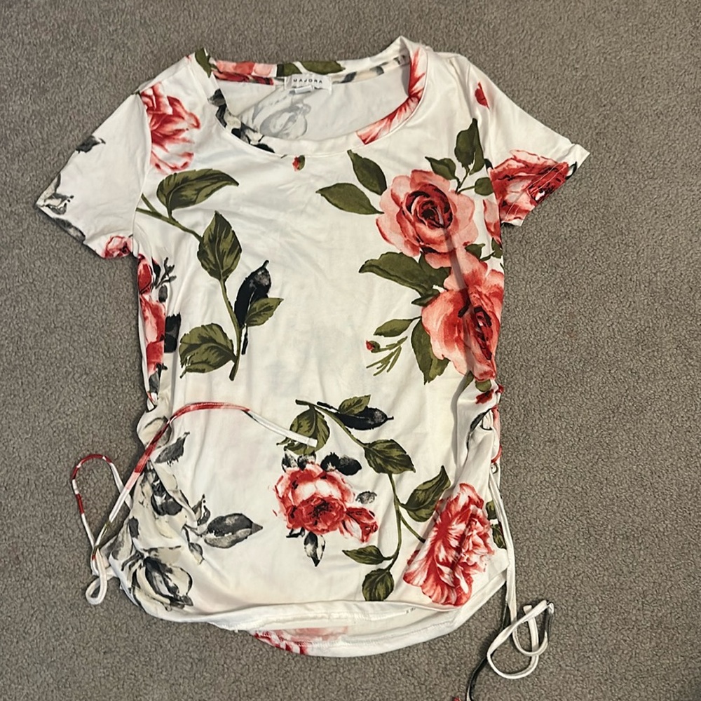 Majora Women’s Cinch Side Tie Cotton Floral Tee Size Medium